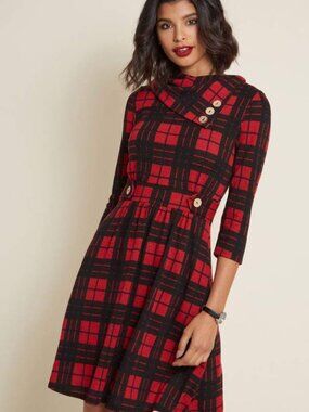 Modcloth "Coach Tour"Long Sleeved Plaid Dress